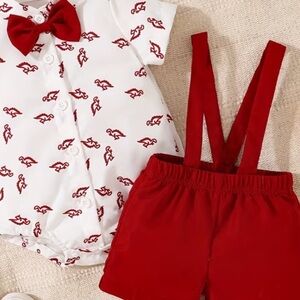 Classic Red Suspender Shorts Set for Kids